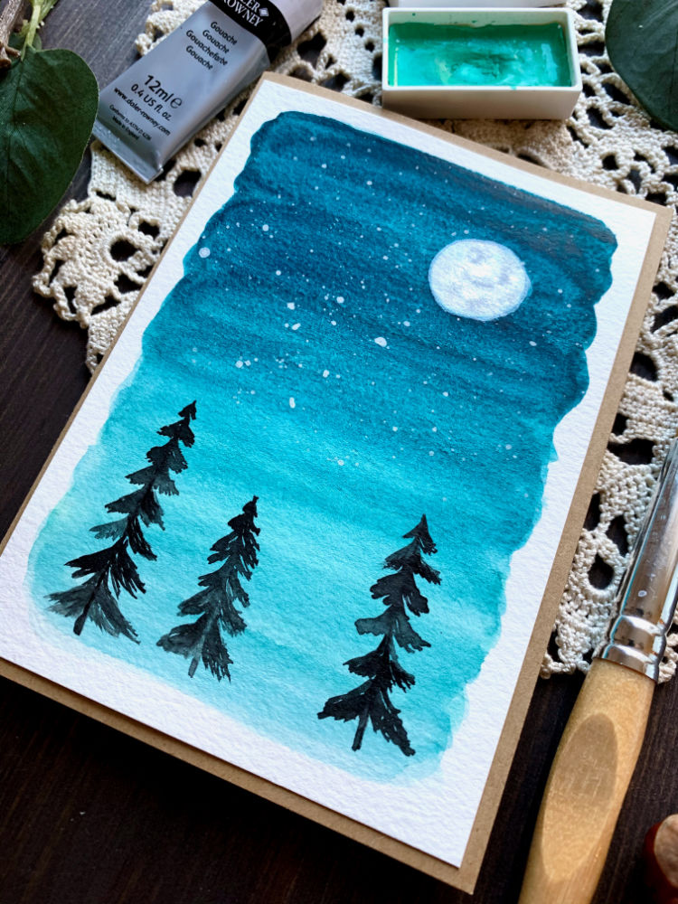 A simple method to paint snowy trees without white gouache or