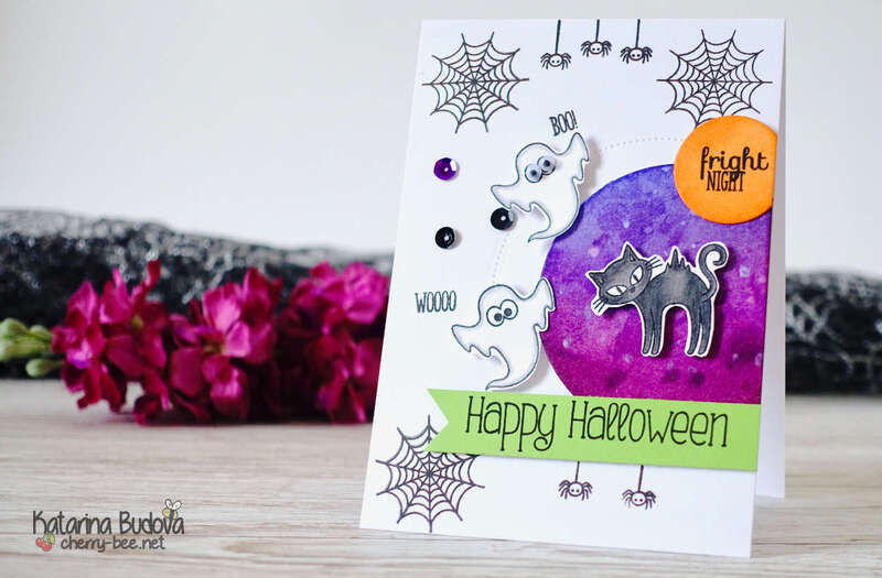 Fun Halloween card with ghosts, black cat and spiders. Inspired by Yana Smakula.