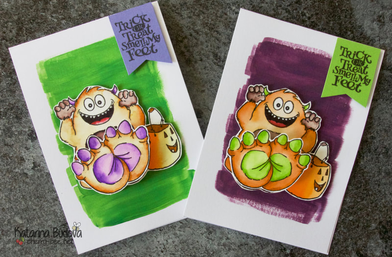 Halloween Monster card using the "My Feet Stamp & Die Wobble Set” from Art Impressions. How to use the action wobblers. Creating a background using acrylic paint colours.