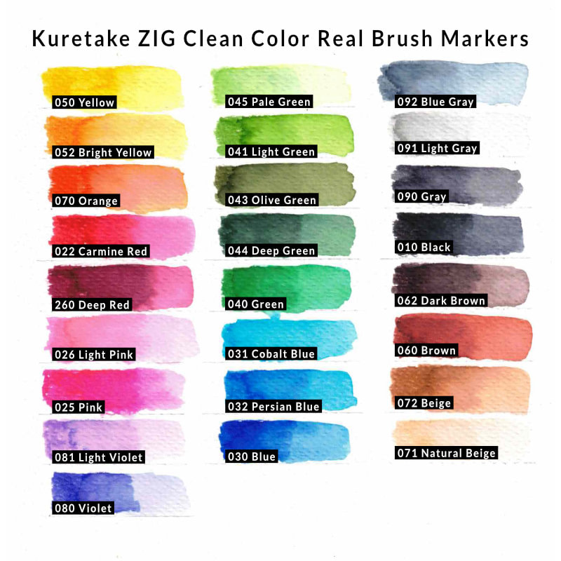 Creating a swatch chart for the ZIG Clean Color Real Brush Markers from Kuretake set of 24 plus extra red.