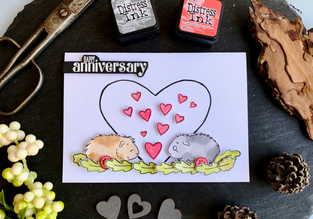 Simple Anniversary or Valentine's Day card using the Wheek, wheek, wheek stamp set by Gerda Steiner Designs with cute guinea pigs and watercolouring them using Distress inks. 