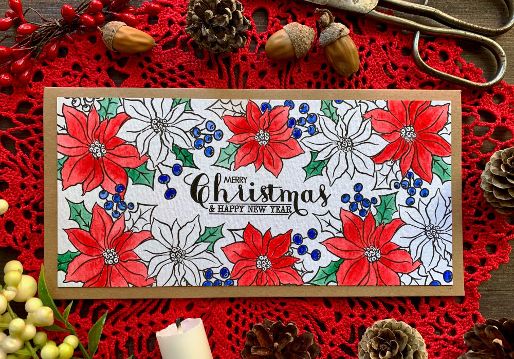 Make a simple and elegant Christmas card by creating a frame using individual stamps with the flower poinsettia and colouring with watercolours.