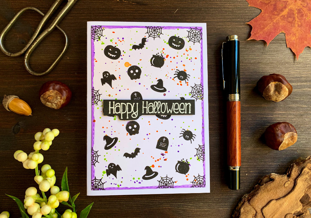 Simple DIY Halloween card with a background created using small stamps that you can find in many stamp sets. 