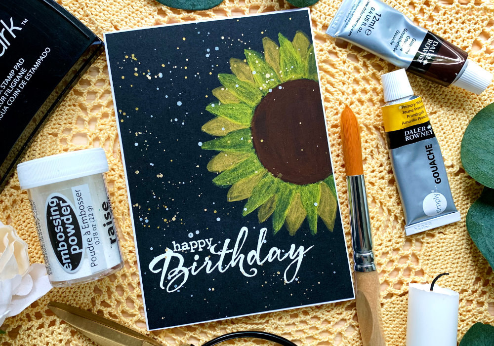 How to paint a big and bold, yet very simple sunflower using gouache or watercolours and black card stock. Perfect for beginners. Minimal supplies, card without any stamps or dies.