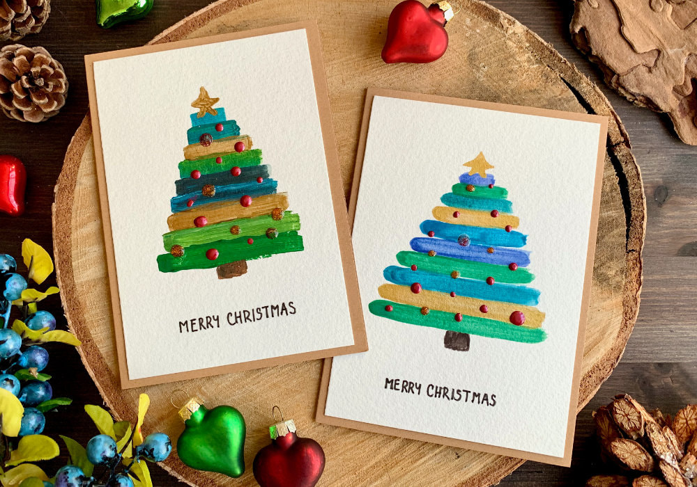Quick and simple last minute Christmas card with painted Christmas tree in stripes using watercolours as well as acrylic paints.