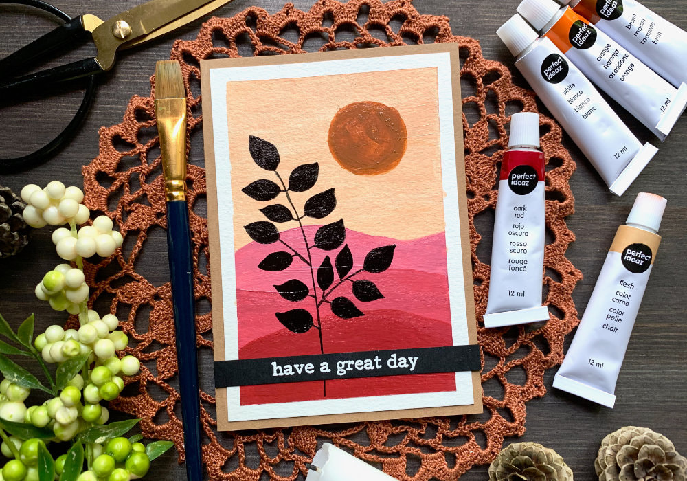 Very simple handmade card with abstract, minimalist, modern art painting with sunset mountains and black leafs, painted with acrylic paints.
