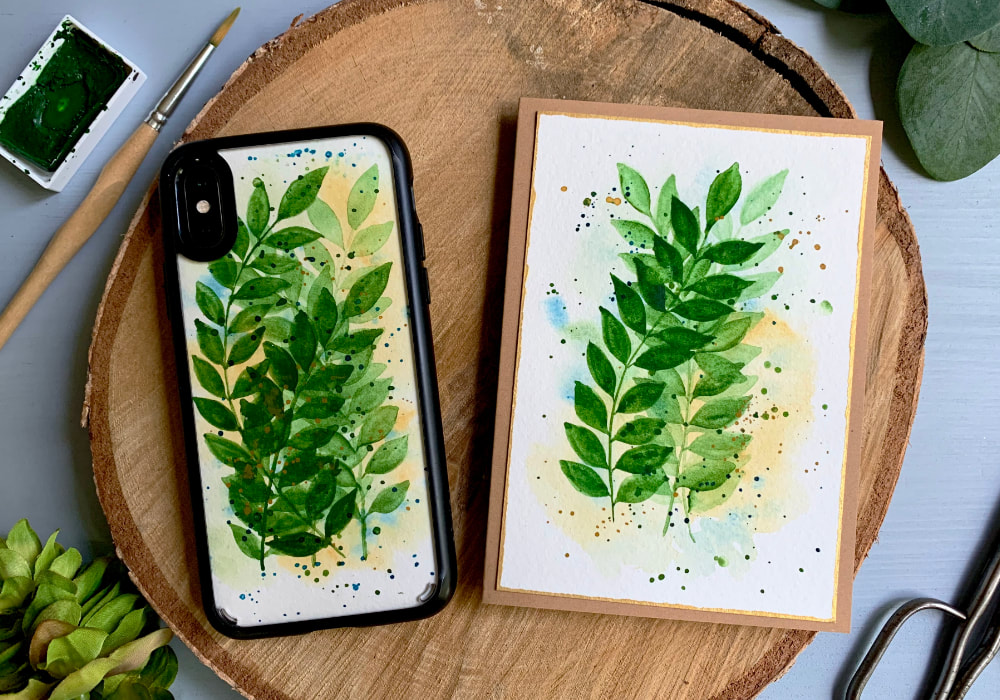 Paint a background with overlapping leaves using watercolours and just one shade of green. And make either a beautiful card or an insert for your mobile phone case.
