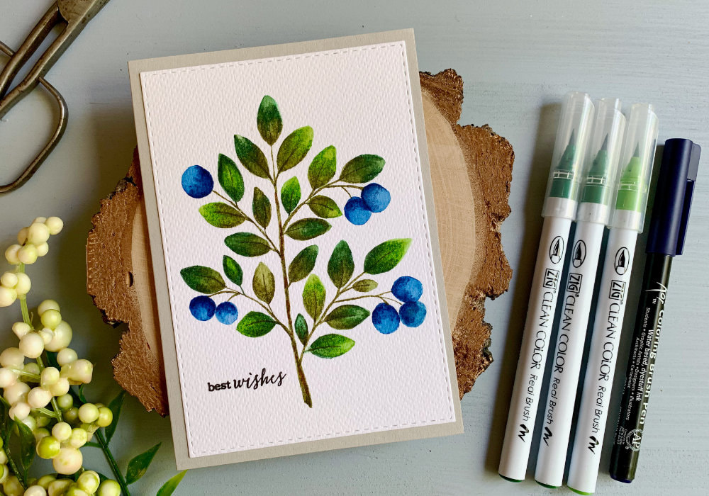 Paint a very simple blueberry branch using waterbased markers and make a beautiful handmade card. This painting is very simple, perfect for beginners. Downloadable sketch included.