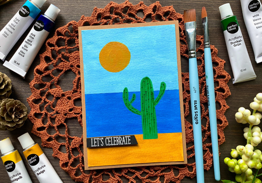 Create a simple handmade card for the summer painting a cactus on a beach using acrylic paints, inspired by abstract, modern art, boho paintings.