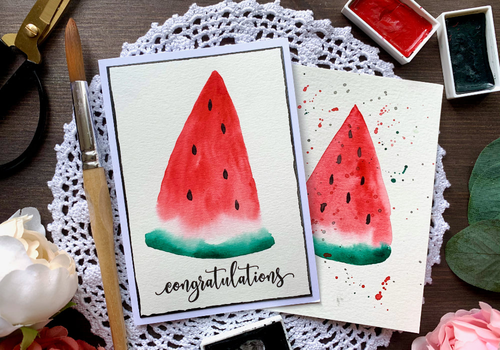 Simple DIY Card with a painted quarter slice of a watermelon using watercolours and sentiment that says Congratulations.