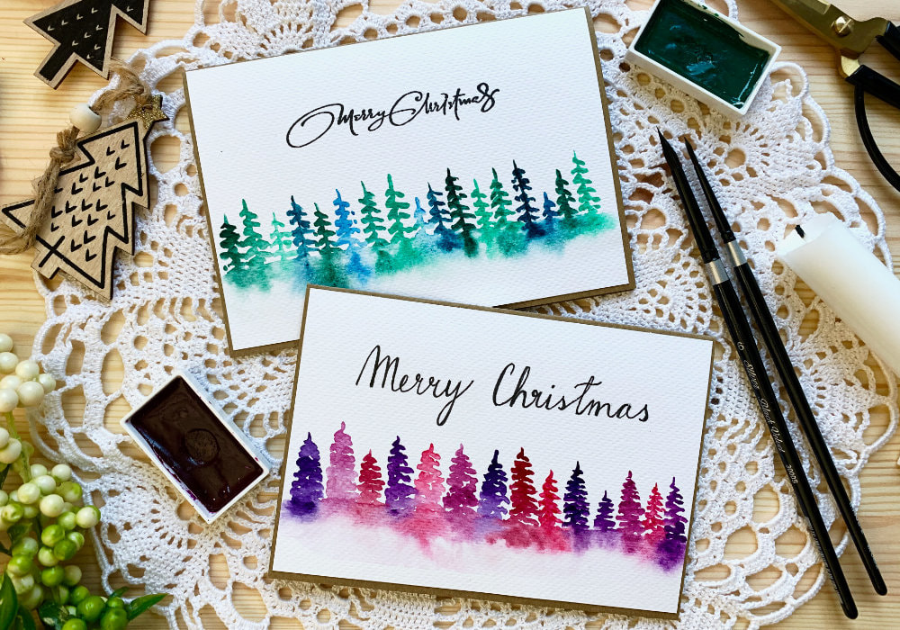 Christmas card with simple loose watercolour pine trees tutorial. Learn how to paint a misty watercolour tree line for beginners. 
