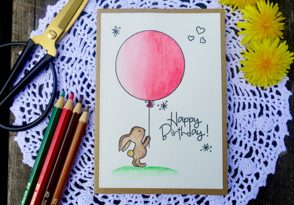 Simple Birthday card with a bunny holding a balloon. Coloured using the watercolour pencils form Faber-Castell and the Some Bunny stamp set from Avery Elle.