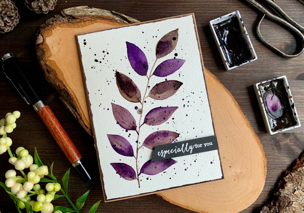 DIY Birthday greeting card with watercolour leaves in brown and purple shades and greeting saying Especially For You.