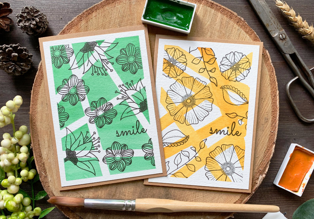 Create a simple handmade card with a quick and easy watercolour backgrounds and flowers stamped with black ink. Cards perfect for beginners.