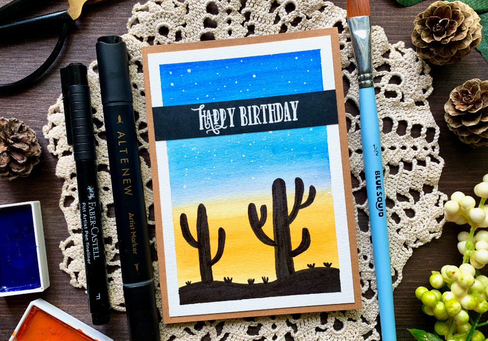 Create a simple handmade card for the summer with a painted sunset and cacti silhouettes, perfect for beginners.