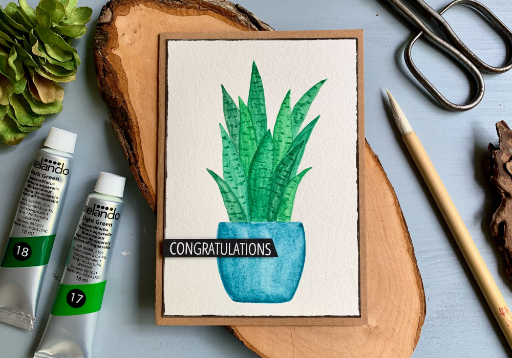 Handmade Congratulations card with a hand-drawn and painted snake plant using watercolours. The pot of the plant is blue and the plant is bright green. A greeting that says Congratulations is stamped and heat embossed in white on a black banner and adhered on top of the watercolour panel. 