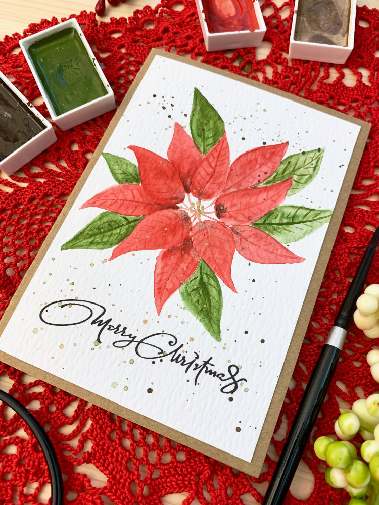 Learn how to paint a very simple watercolour poinsettia, even if you are absolute beginner and create a handmade Christmas card.