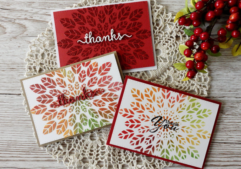 Three simple stencil techniques using Distress inks, Embossing Paste and Nuvo Glimmer Paste with the Leaf Burst Stencil by Atenew and creating autumnal cards.