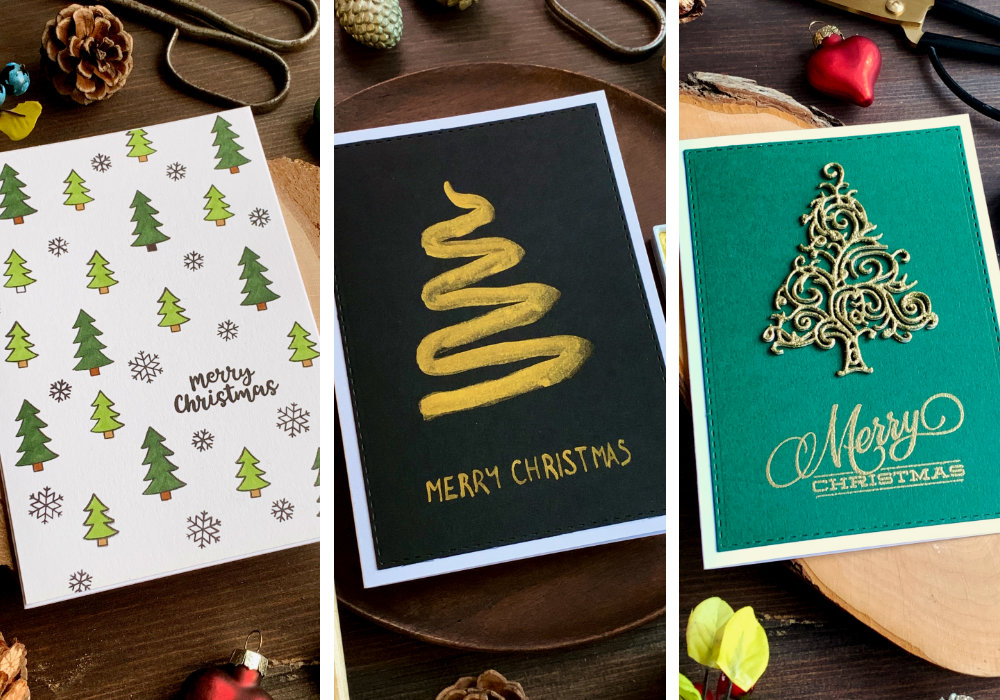 A handmade Christmas card with a stamped background with trees and snowflakes in different sizes. The tress are coloured using two shades of green. The greeting says Merry Christmas.