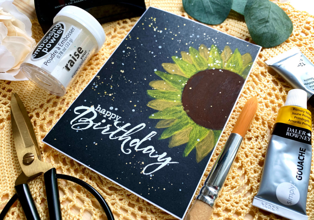 How to paint a big and bold, yet very simple sunflower using gouache or watercolours and black card stock. Perfect for beginners. Minimal supplies, card without any stamps or dies.