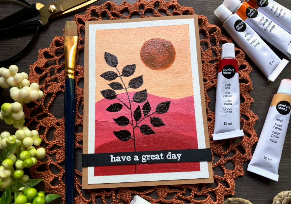 Very simple handmade card with abstract, minimalist, modern art painting with sunset mountains and black leafs, painted with acrylic paints.