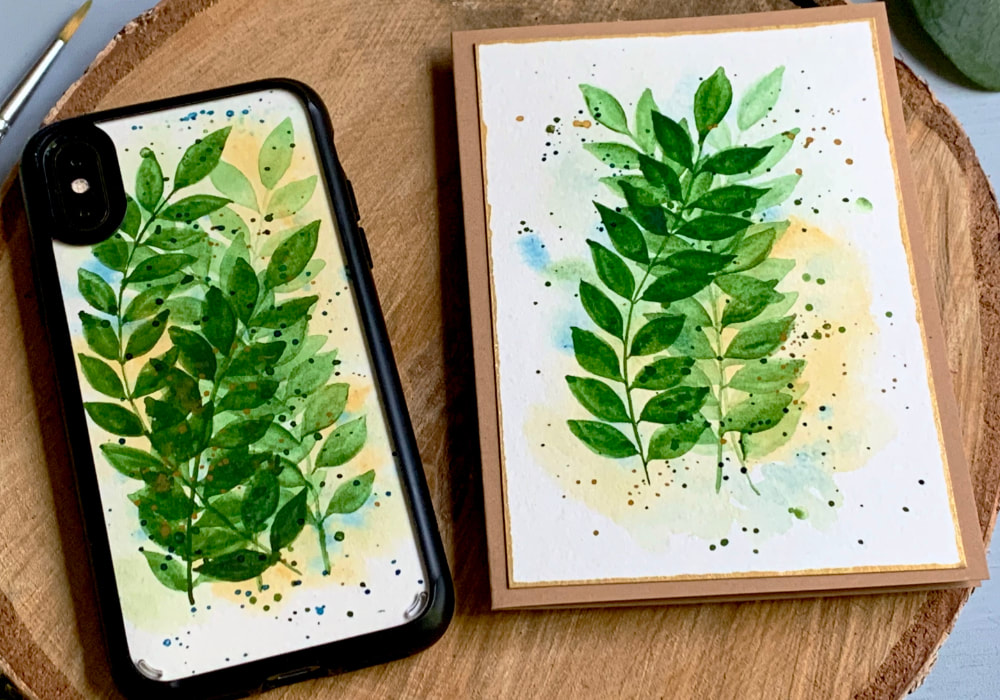 Paint a background with overlapping leaves using watercolours and just one shade of green. And make either a beautiful card or an insert for your mobile phone case.