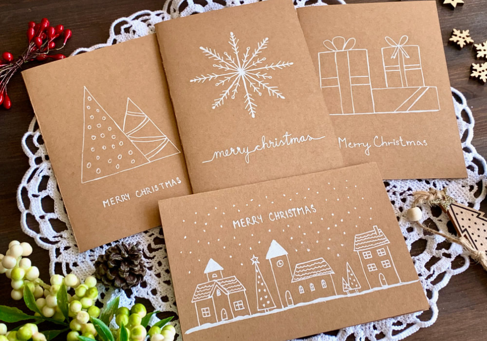 Quick and easy drawn Christmas images - Christmas Trees, Presents, Snowflake and Christmas Village - to make simple handmade Christmas cards.
