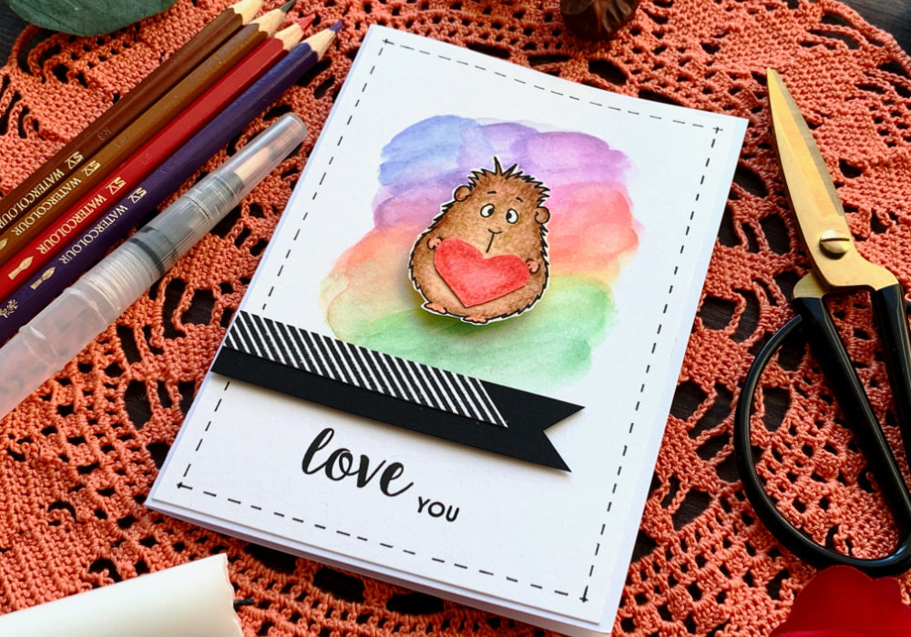 Simple colouring a stamped image of a guinea pig by Gerda Steiner Designs using watercolour pencils and creating a very cute anniversary card or Valentine's day card.