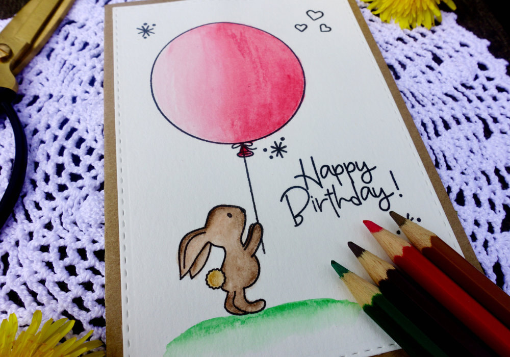 Simple watercolouring using inexpensive watercolour pencils from Faber-Castell and cute stamp set with a bunny and a balloon from Avery Elle called Some Bunny. Perfect for Birthdays, Mother’s Day, Father’s day, Anniversary or Valentine’s Day.