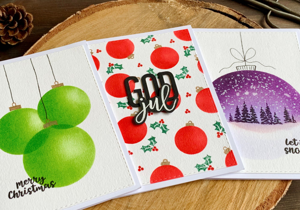 Handmade Christmas cards with baubles  created with Distress inks and a (DIY) circle stencil. Make overlapping baubles, baubles background or a landscape within a bauble.