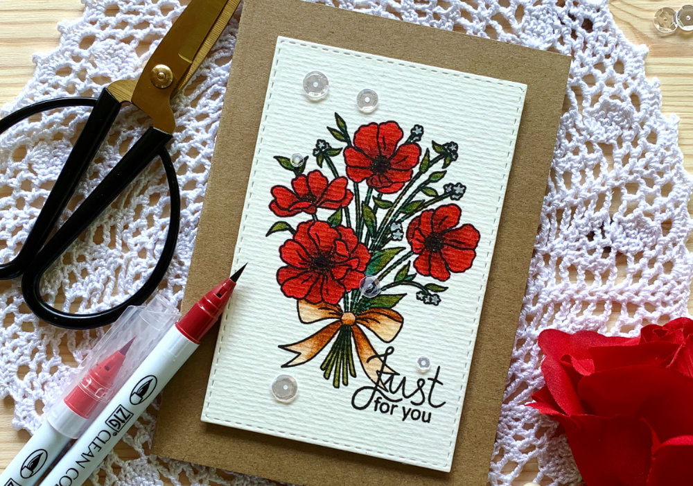 Handmade card with bouquet of red flowers coloured with Zig Brush Markers without water. 