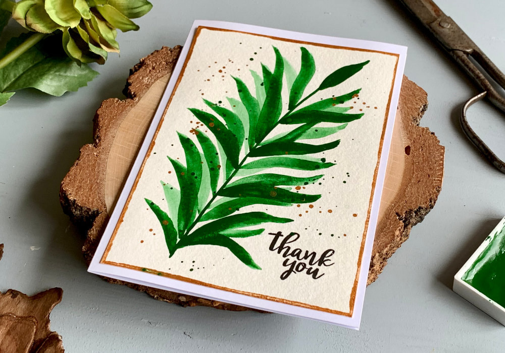 DIY Thank You card with hand-painted leaf using green watercolours. 