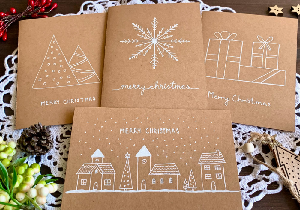 Quick and easy drawn Christmas images - Christmas Trees, Presents, Snowflake and Christmas Village - to make simple handmade Christmas cards.