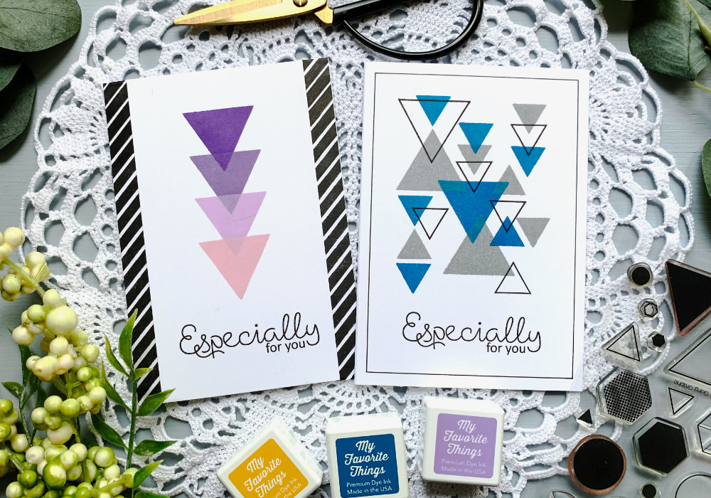 Very simple handmade cards using geometric stamps, creating modern design geometric patterns.