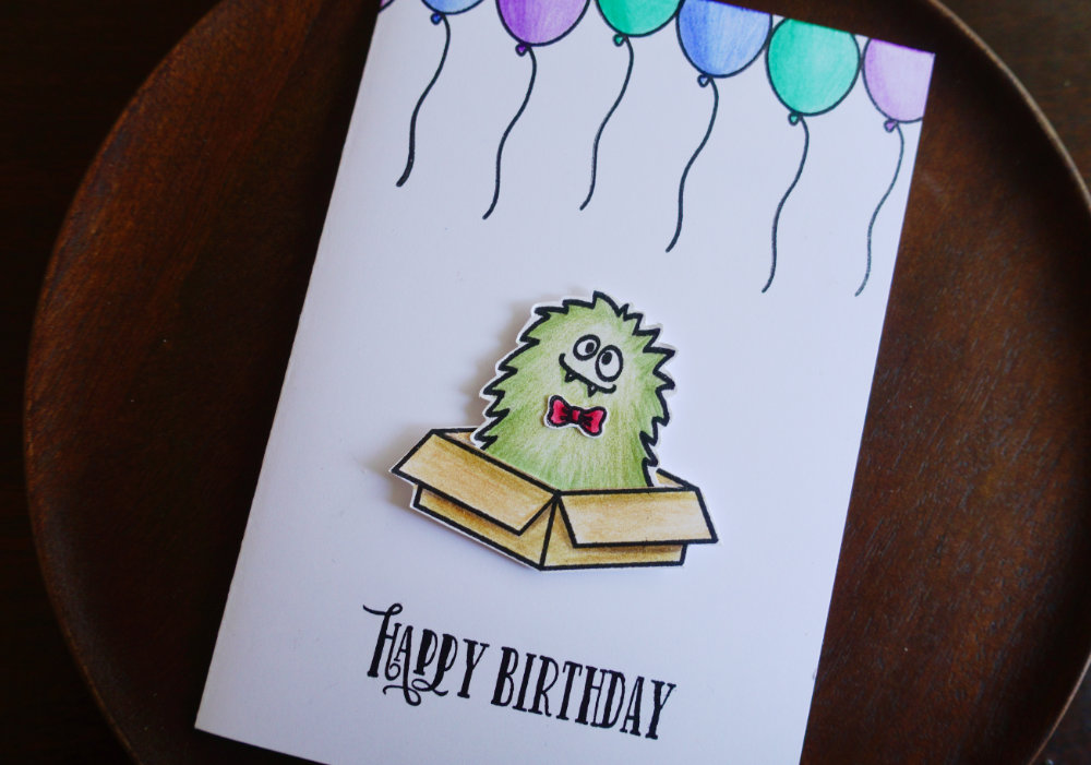 Simple and quick pencil colouring, creating a Birthday Halloween card using the Monster stamp set by Avery Elle and Faber-Castell Polychromos. 