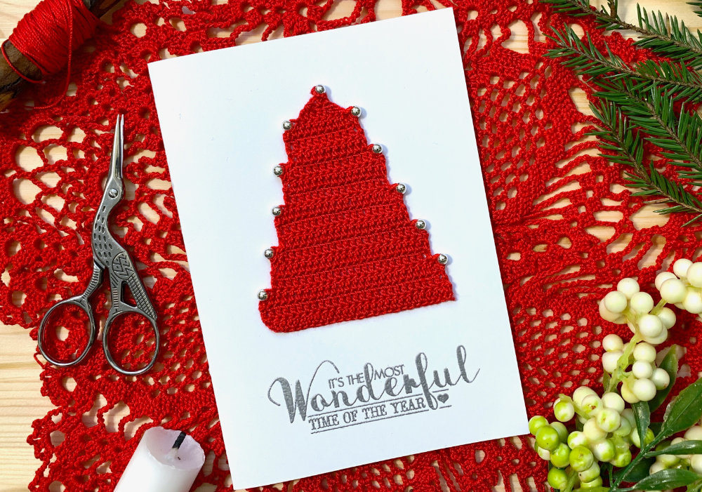 Handmade Christmas and Holiday Card with a crochet Christmas tree.