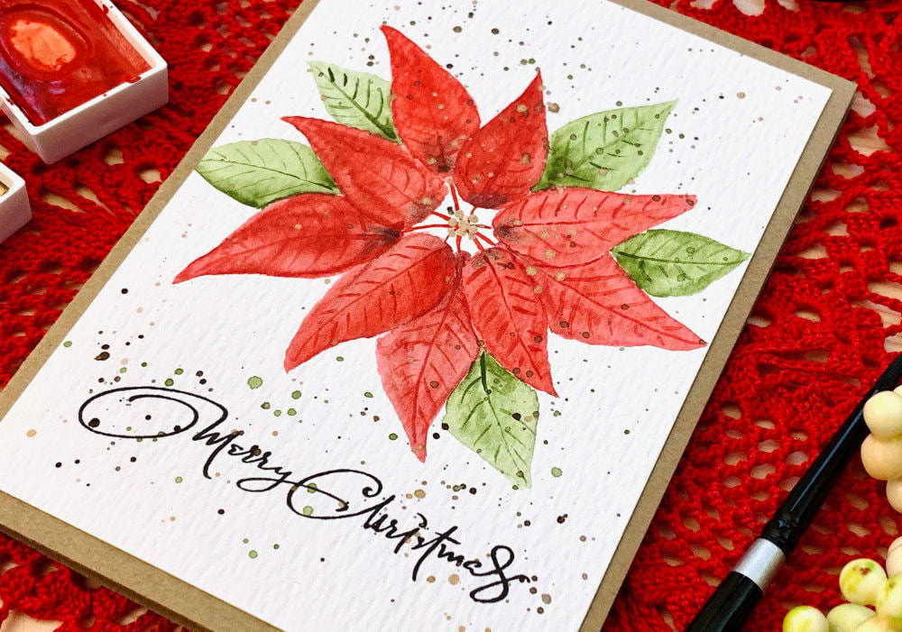 Learn how to paint a very simple watercolour poinsettia, even if you are absolute beginner and create a handmade Christmas card.