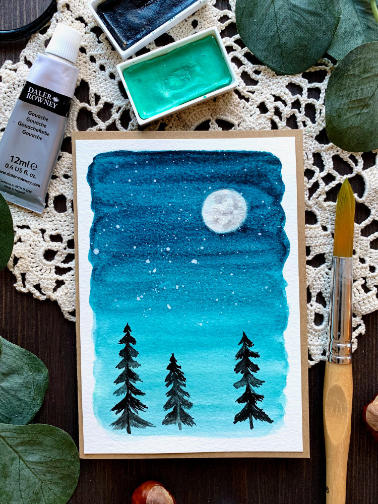 Learn how to paint a very simple night sky with stars, moon and silhouette pine trees and make a beautiful card. Perfect for beginners.