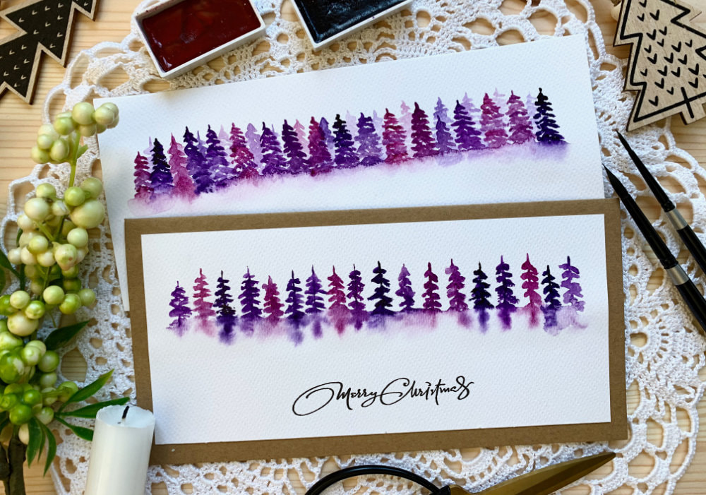 Learn how to paint a simple misty loose watercolour tree line and make easy Christmas cards. Watercolouring simple pine trees.