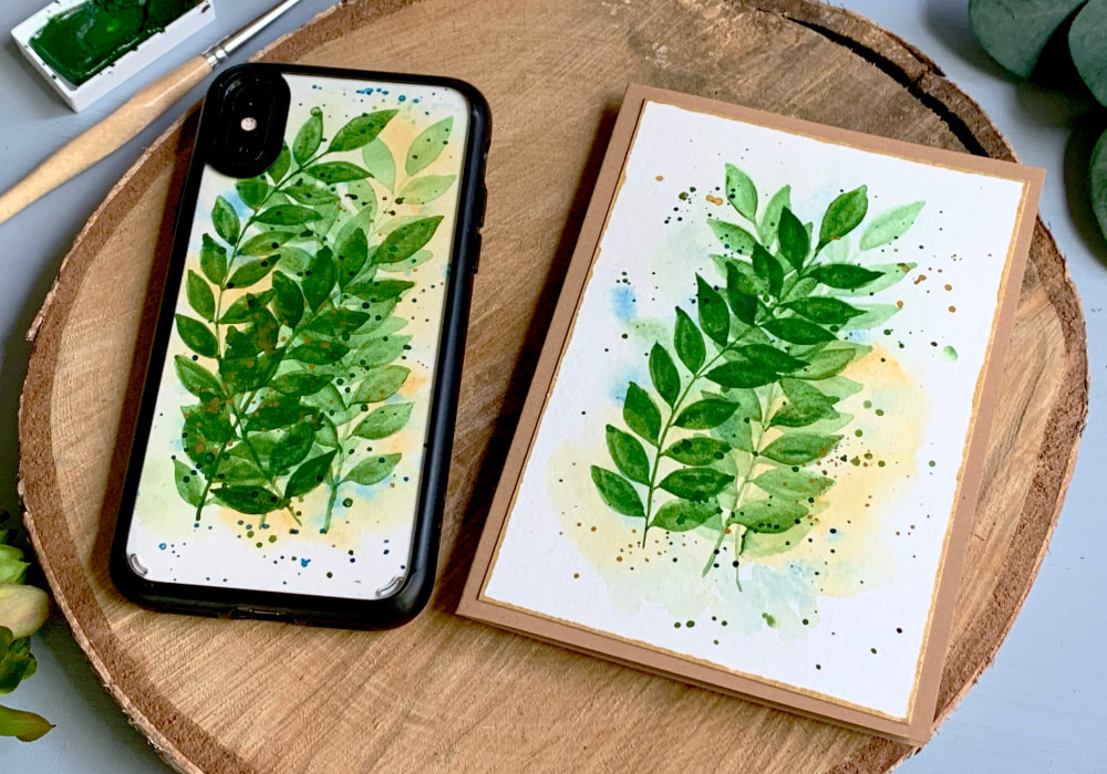 Paint a background with overlapping leaves using watercolours and just one shade of green. And make either a beautiful card or an insert for your mobile phone case.