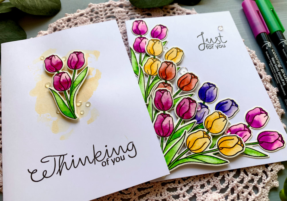 Simple handmade cards with bundle of tulips. Coloured with waterbased brush markers.