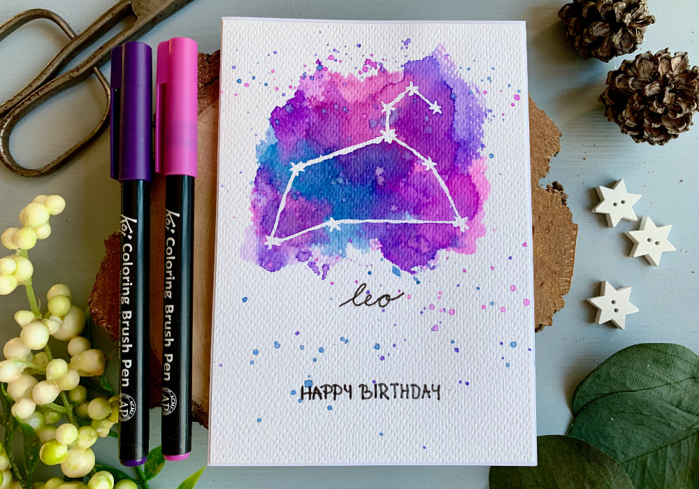 Handmade card with the Zodiac star sign - Leo doing the inks smooshing technique with water-based markers. This card requires a very few supplies and is perfect for beginners.