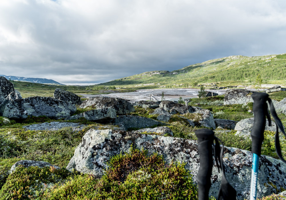 Beautiful photo of a lnadscape of Hardangervidda Norway overlooking a river.