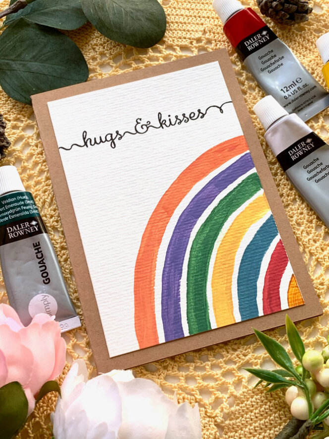 DIY greeting cards with modern handpainted rainbwos in pastel colours. 