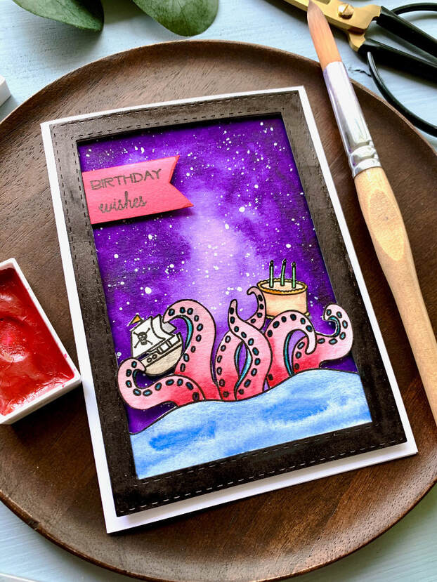 Paint a very simple watercolour galaxy background using only one colour and create a fun masculine card. Galaxy background perfect for beginners!