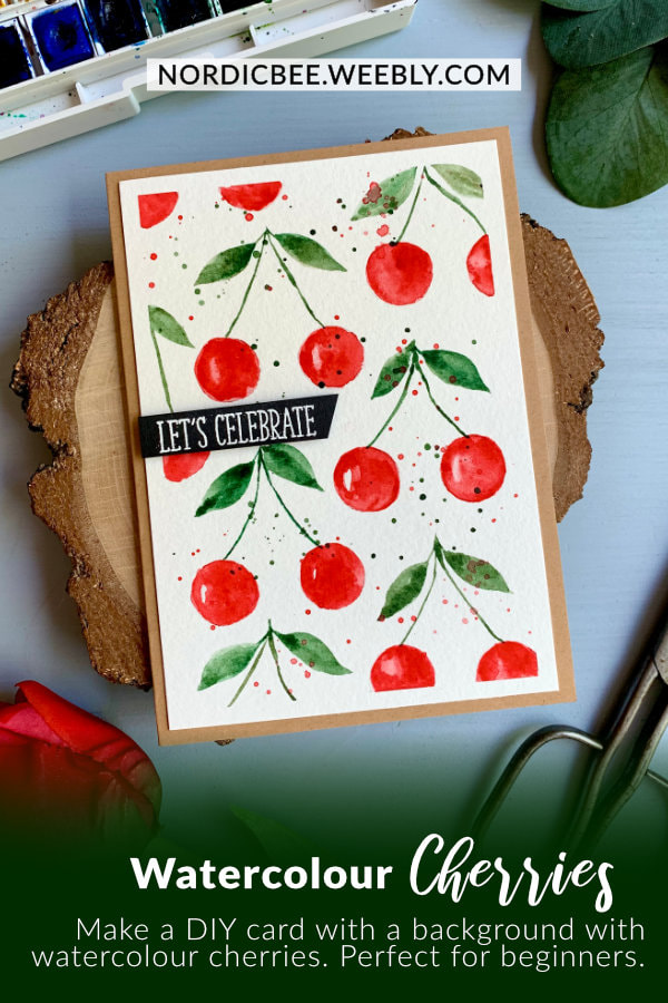 Handmade greeting card tutorial with painting watercolour cherries. Create a background with cherries and make a very cute and budget friendly DIY card. 