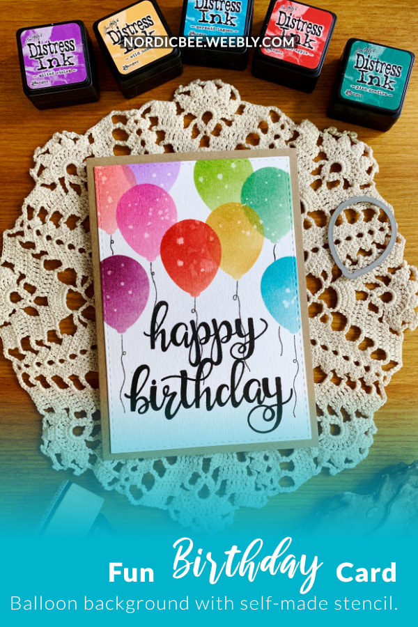 Handmade Happy Birthday card with a balloon background created with a self-made stencil and Distress inks. 