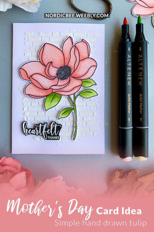 Handmade card with a big magnolia flower stamped using the Magnolia stamp set by Avery Elle and coloured with the alcohol markers from Altenew. This card is a thank you card, but by swapping the greeting it can be made into a Mother's day card.