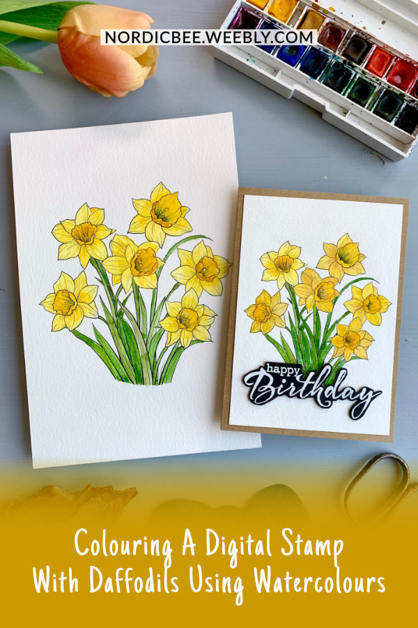 Make a simple greeting card e.g. for Mother's day using a digital stamp with daffodils printed on a watercolour paper and coloured with watercolours. The image is from DreamflareStudios on Etsy.