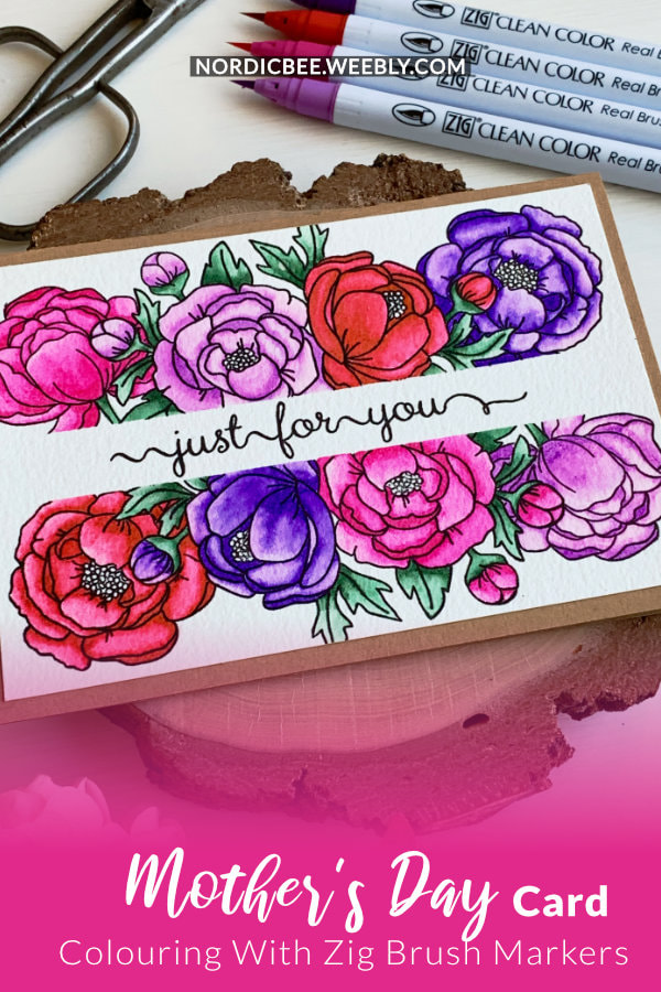 Handmade card for Mother's day with stamped flowers using the stamp set Peony Blooms from Newton's Nook Designs and coloured with Zig brush markers. 